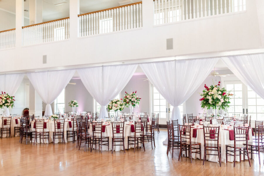 Wedding reception setup in Kendall Point grand ballroom.