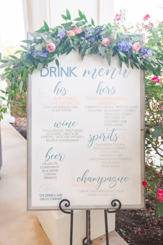 A drink menu with custom cocktails.