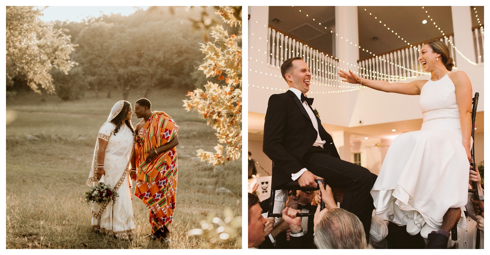 Collage of African-Indian wedding and Jewish wedding with couple on chairs