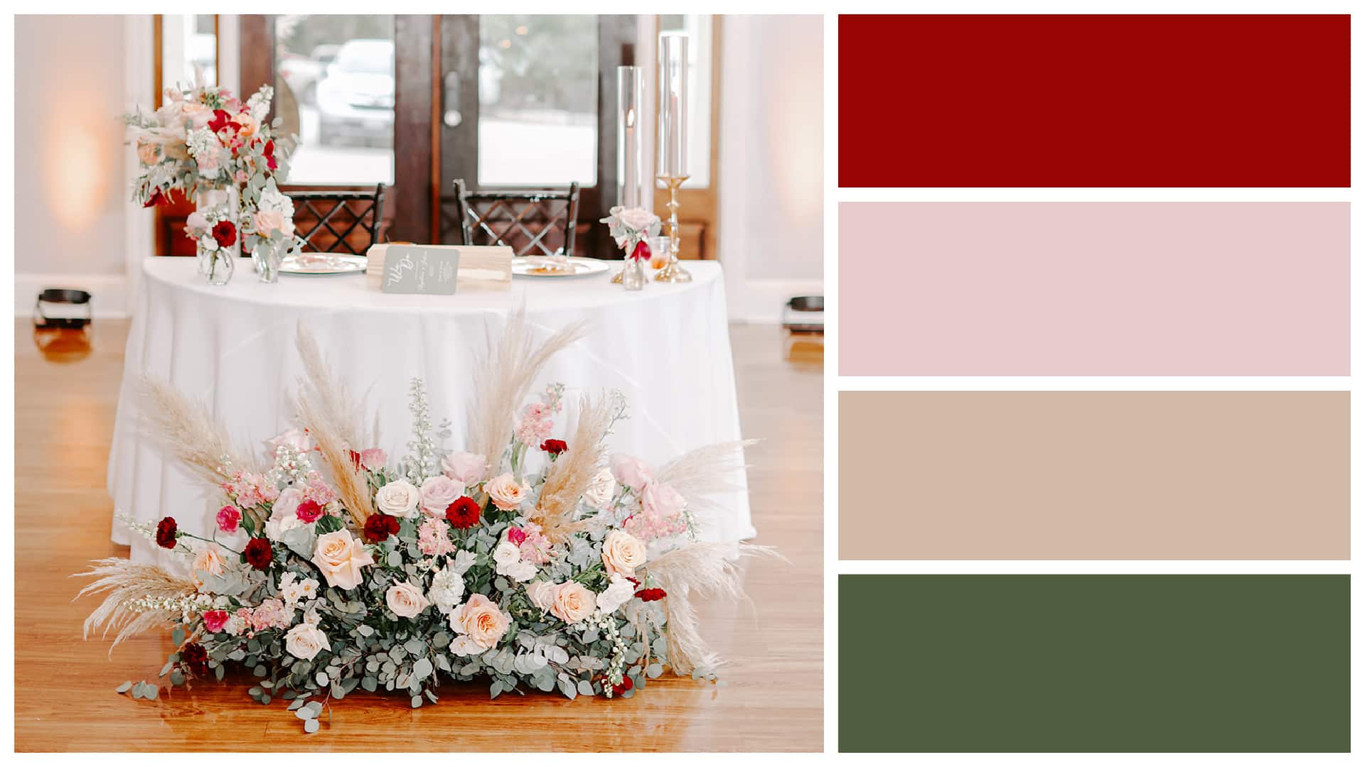 sweetheart table with color palette of red, taupe, and green