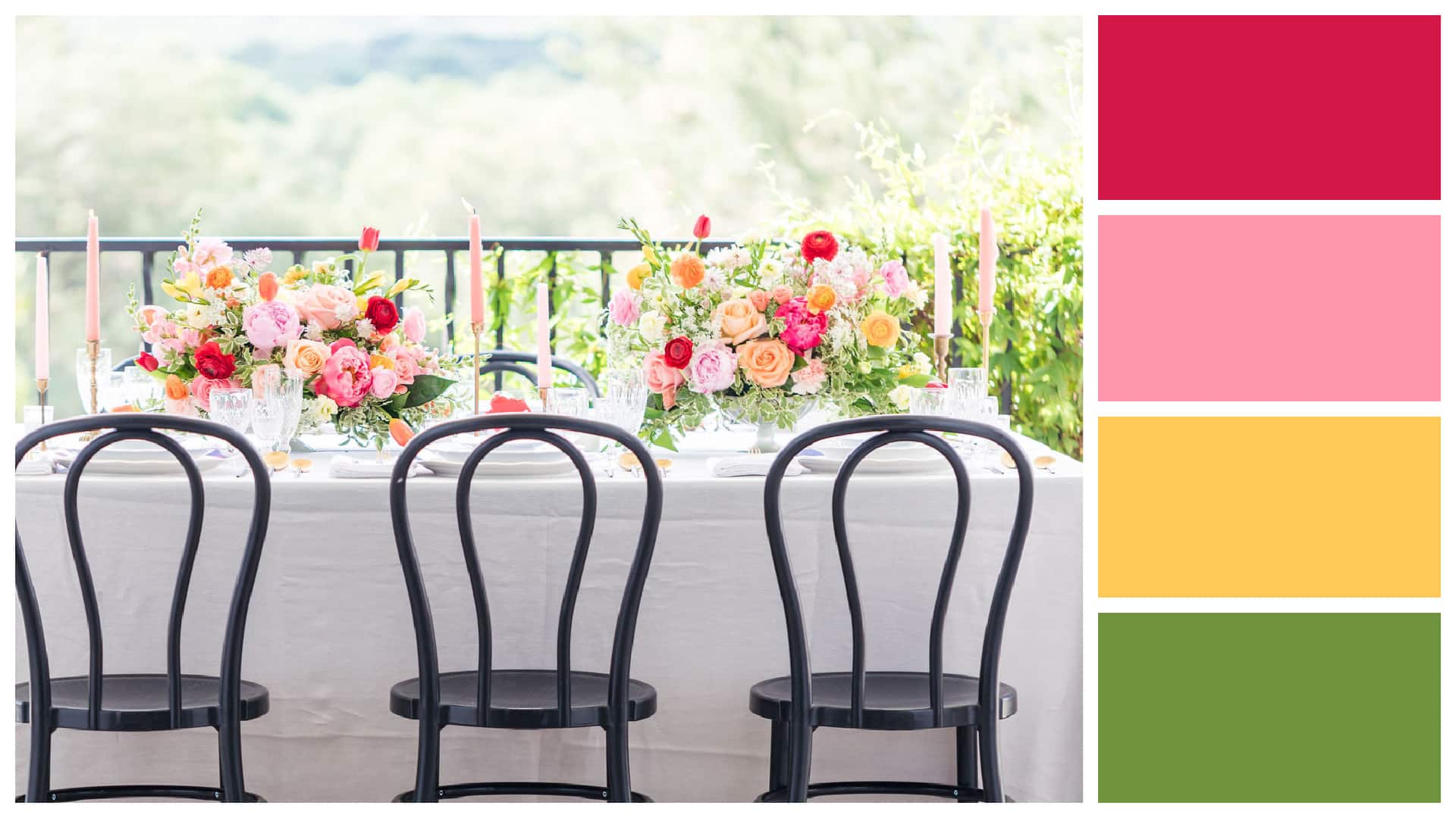 wedding reception table with color palette of coral, pink, and tangerine