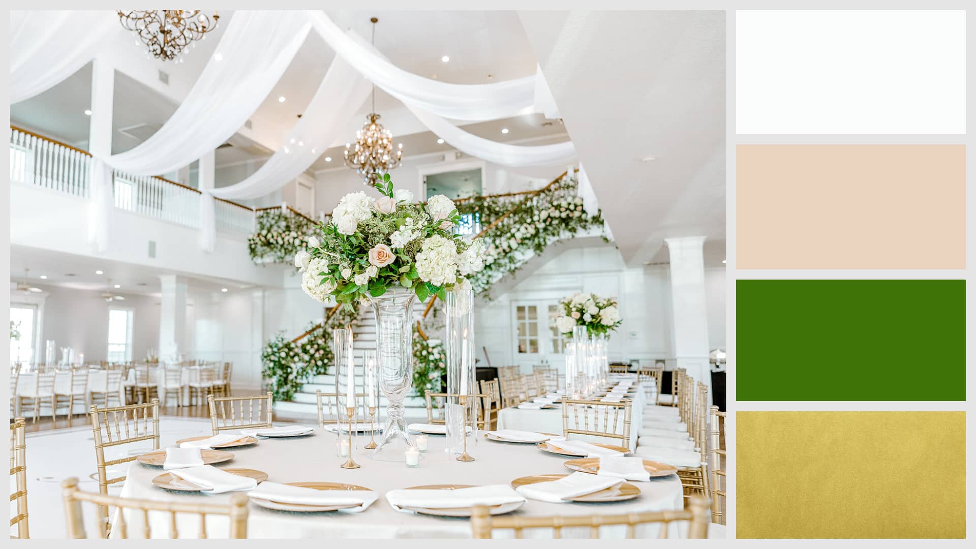 wedding reception with color palette of white, peach, and gold