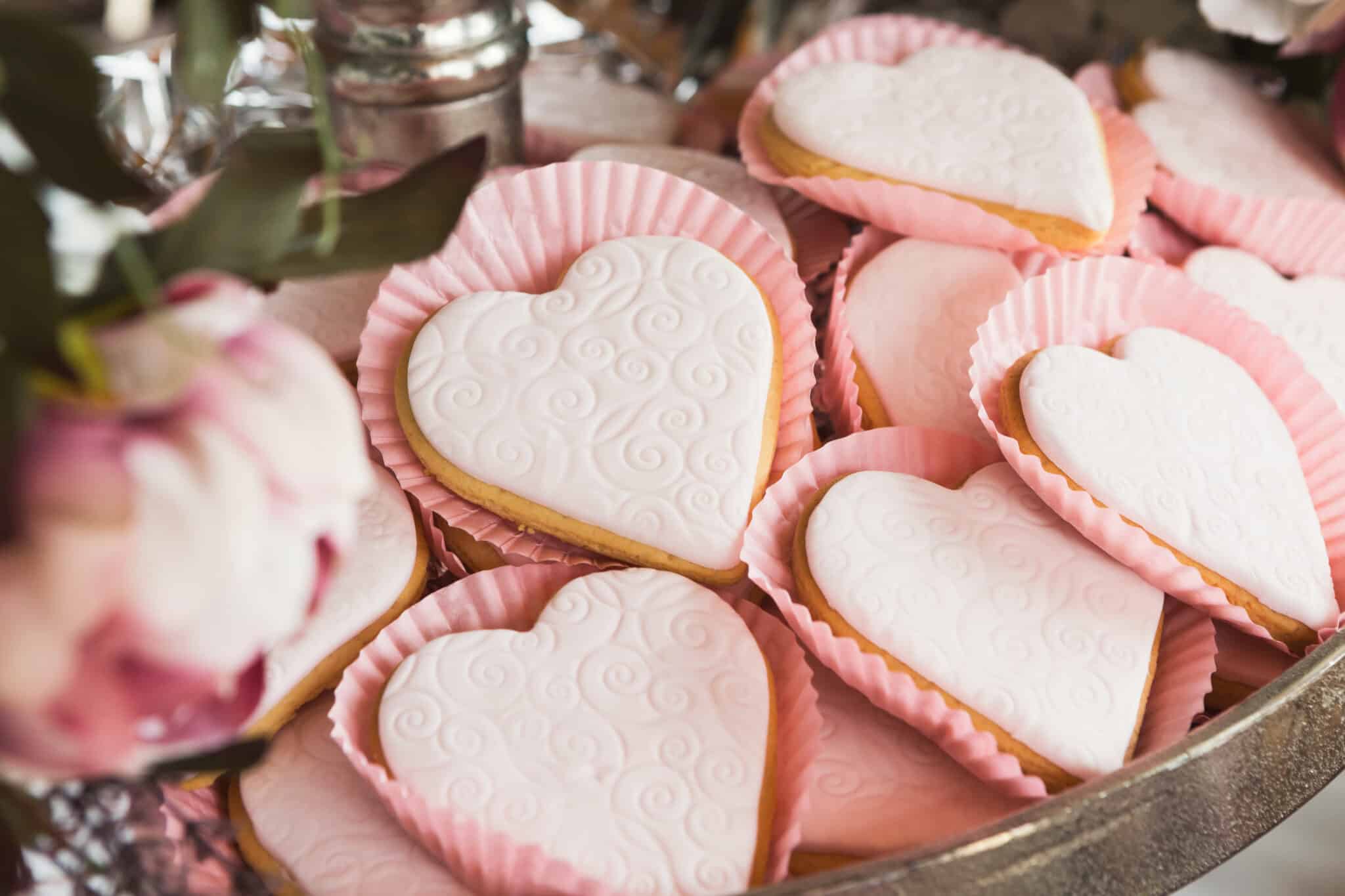 heart shaped cookies on wedding dessert table