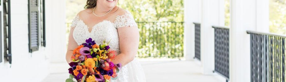 A bride stands on the porch with a title of Friday Weddings.
