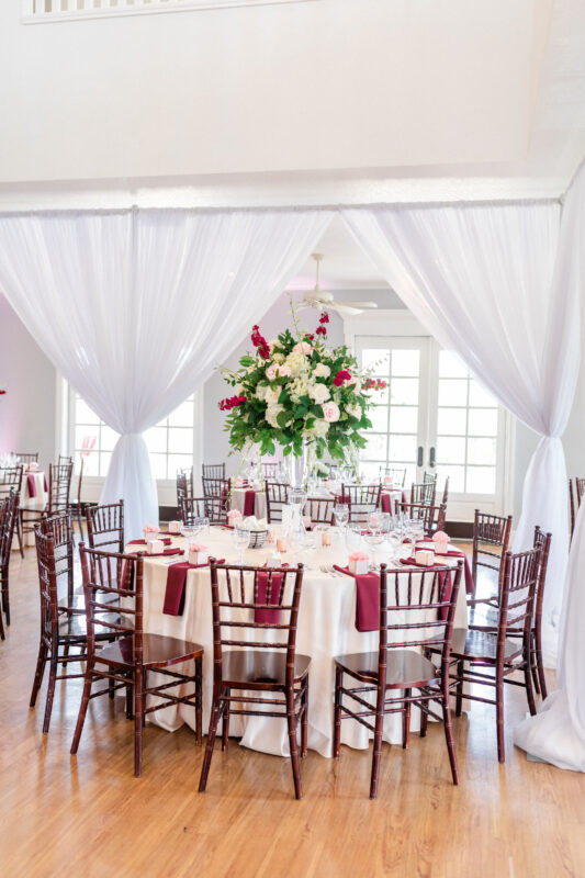 Pink and red themed wedding reception at Kendall Point.