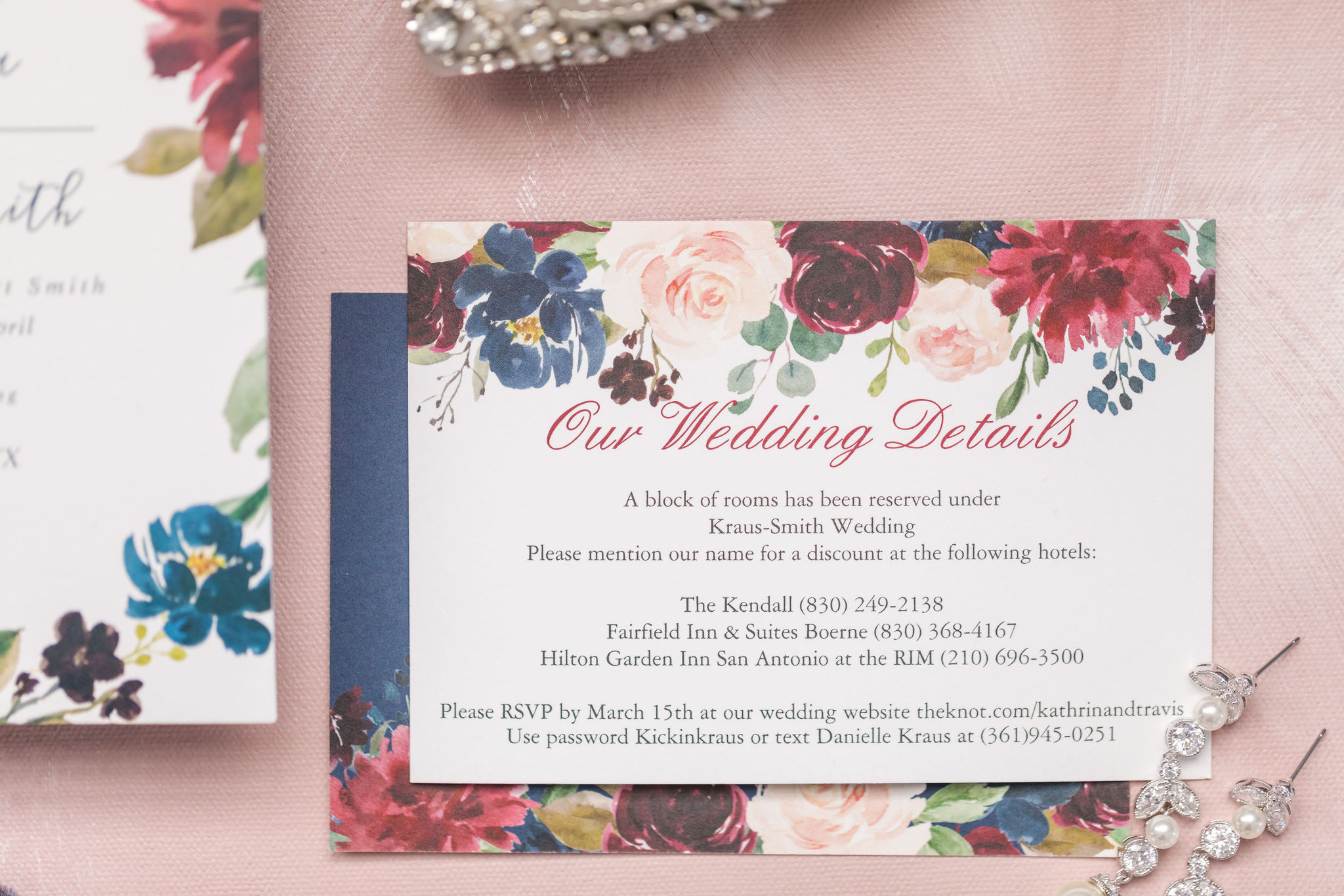 Katherine and Travis' burgundy, blush, and navy wedding invitations