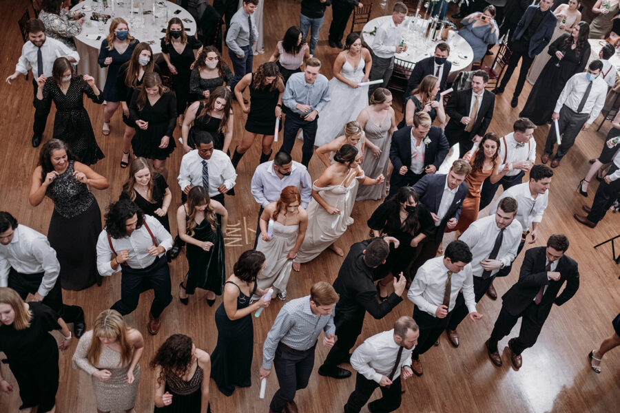An aerial view of people dancing in the Kendall point ballroom.