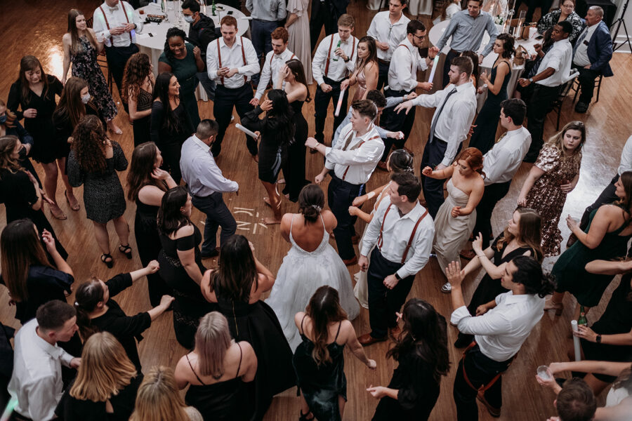 An aerial view of people dancing in the Kendall point ballroom.