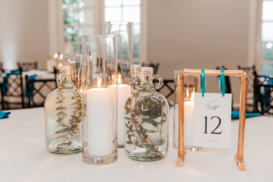 Candle and glass table settings for a Kendall Point wedding.