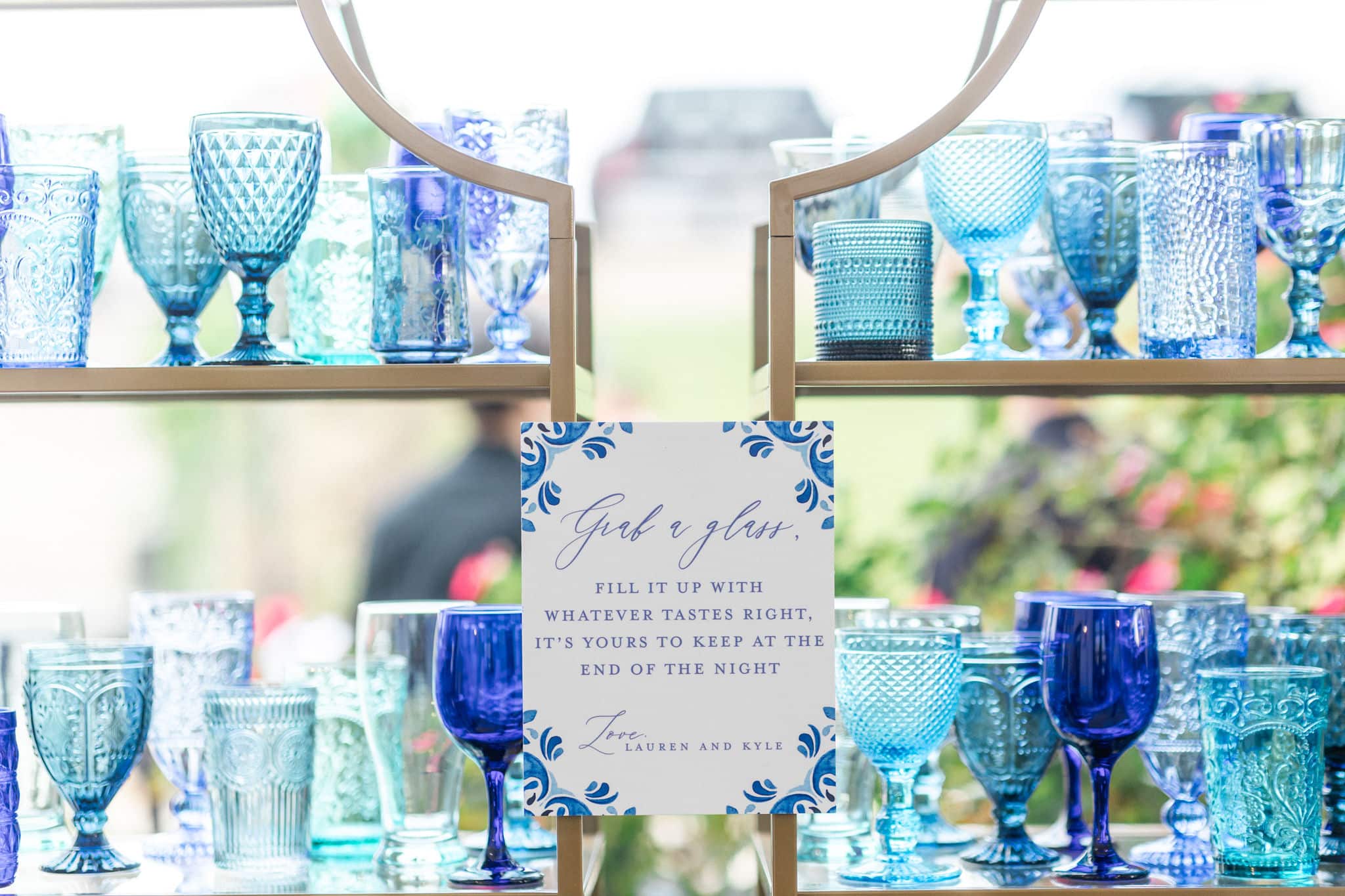 Display of mismatched blue vintage glassware