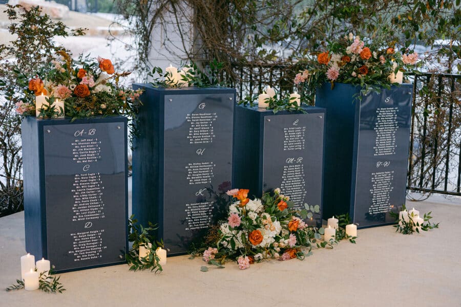 floral bouquets surrounding seating chart at kendall point wedding