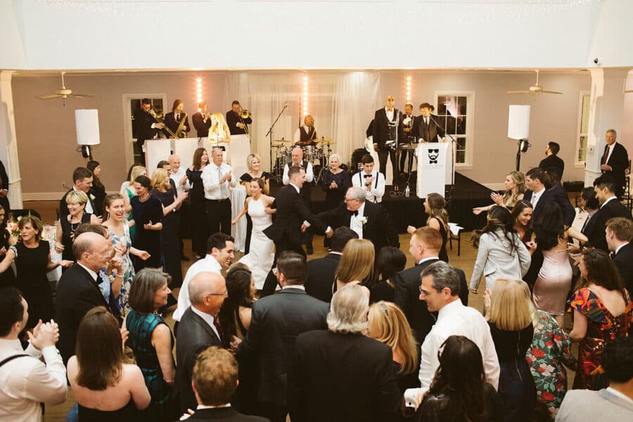 wedding guests dancing on the dance floor with a live band