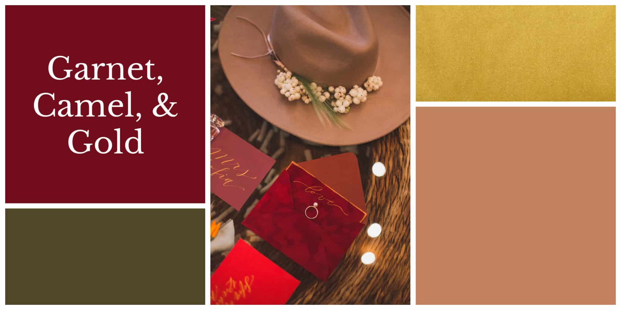 Garnet, camel, and gold color palette