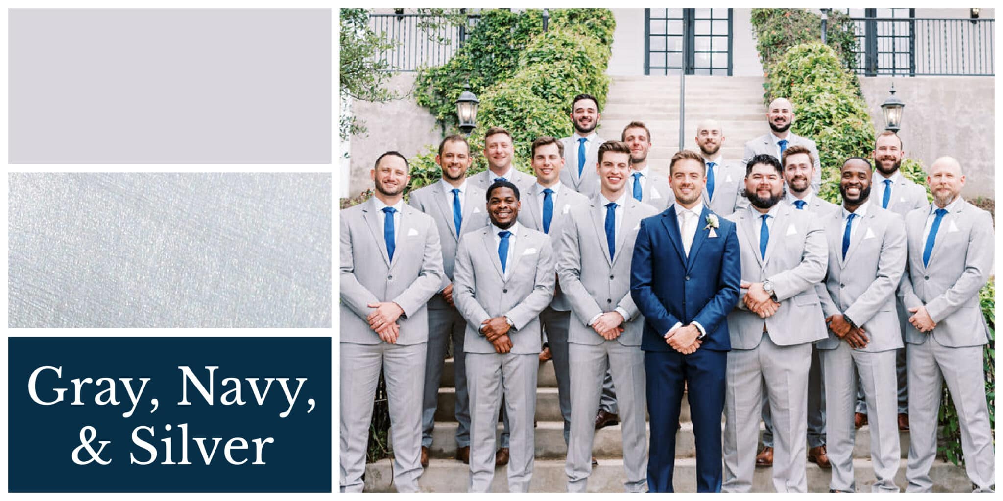 Wedding color palette in gray, navy, and silver