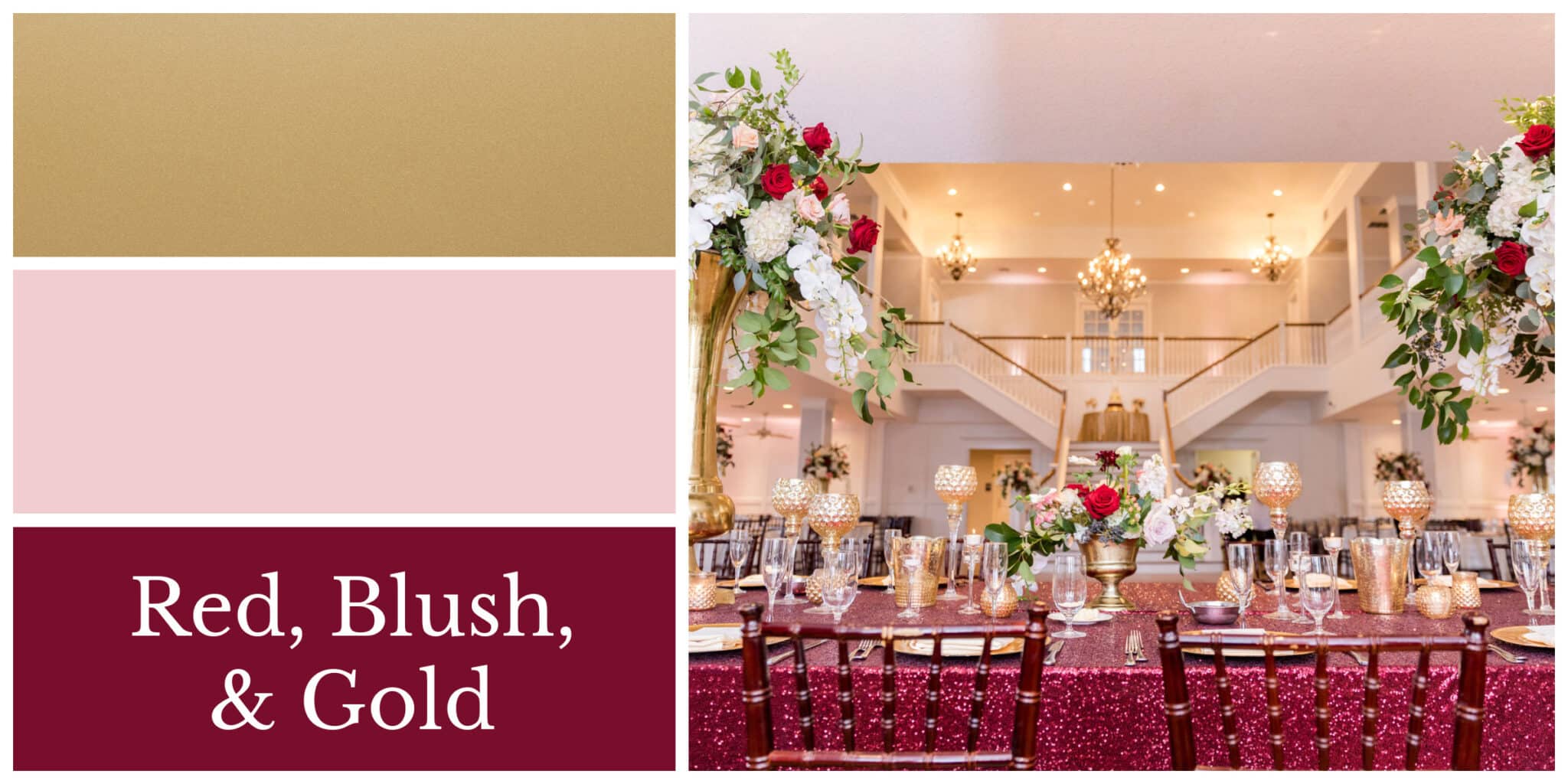 Winter wedding color palette in red, blush, and gold