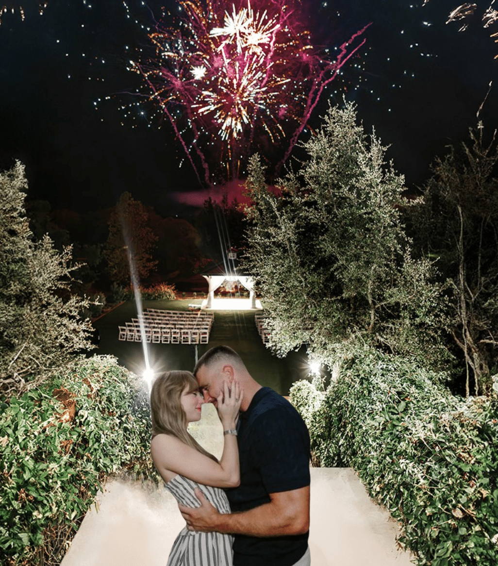 Photoshopped image of Taylor Swift and Travis Kelce at Kendall Point Texas wedding venue, imagining their American Royal Wedding